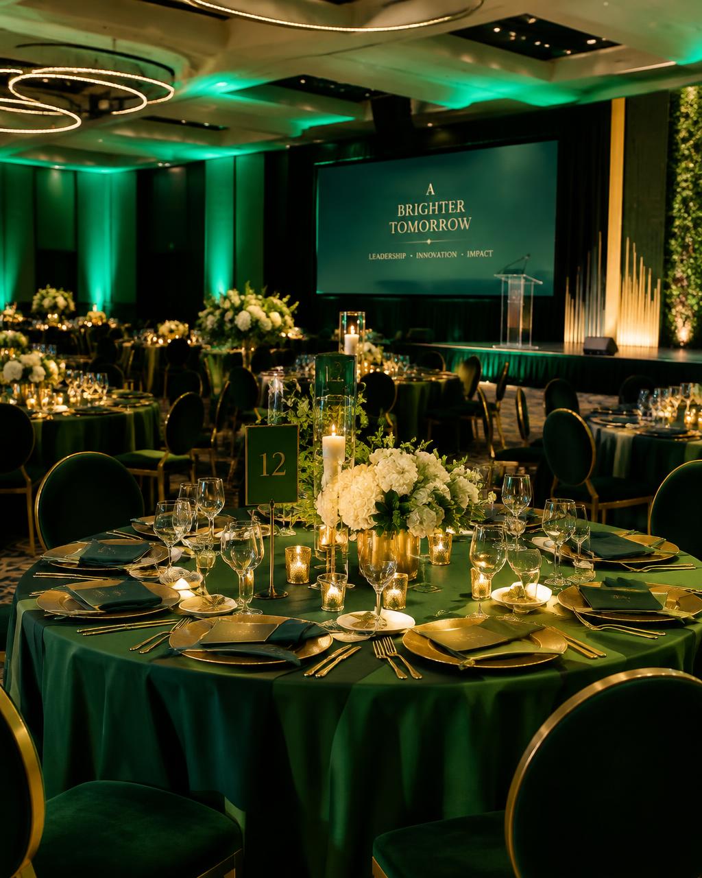 Corporate gala with emerald and gold decor