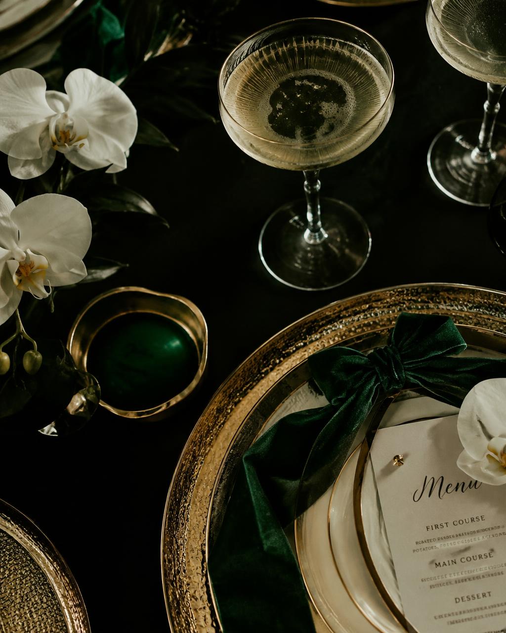 Gold charger plate with emerald velvet ribbon and orchids