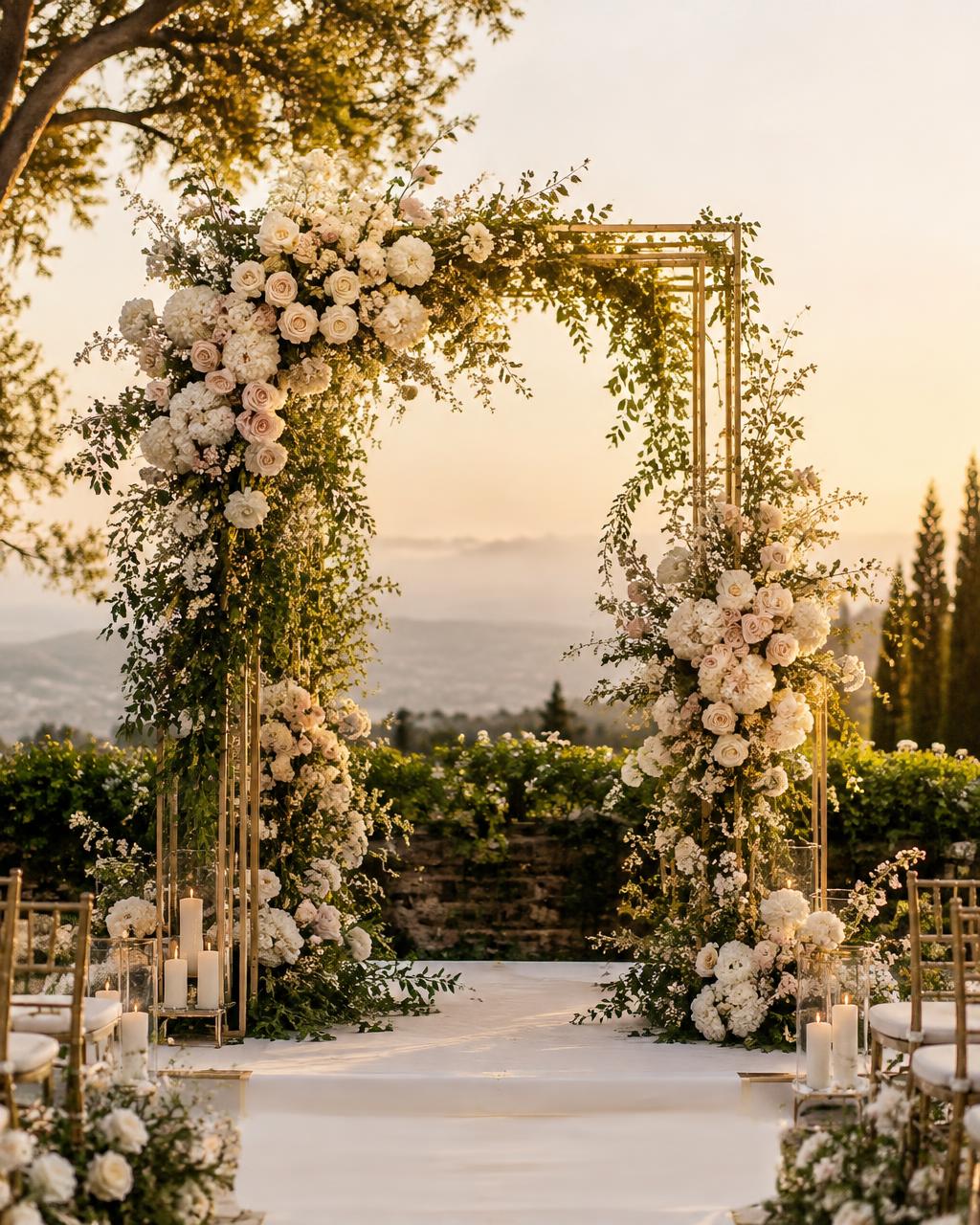 Floral wedding ceremony arch at golden hour